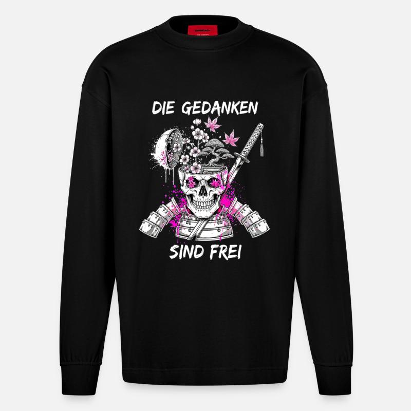 Warrior Skull Samurai - Heavyweight Oversized Organic Longsleeve Shirt Made in EU - SOLID BLACK