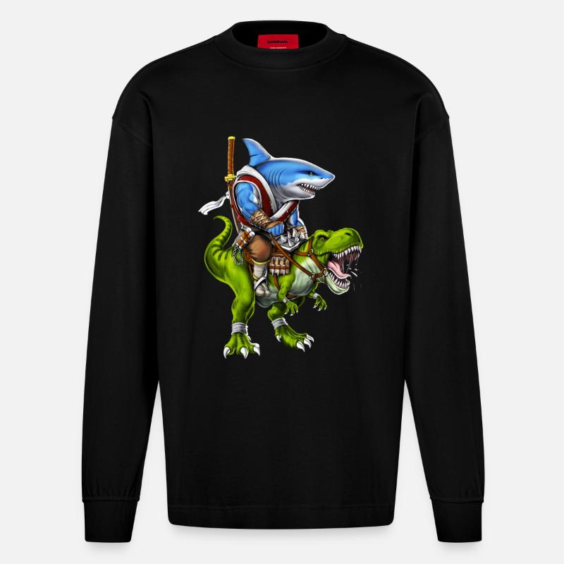 Shark Samurai Riding T-Rex Dinosaur - Heavyweight Oversized Organic Longsleeve Shirt Made in EU - SOLID BLACK