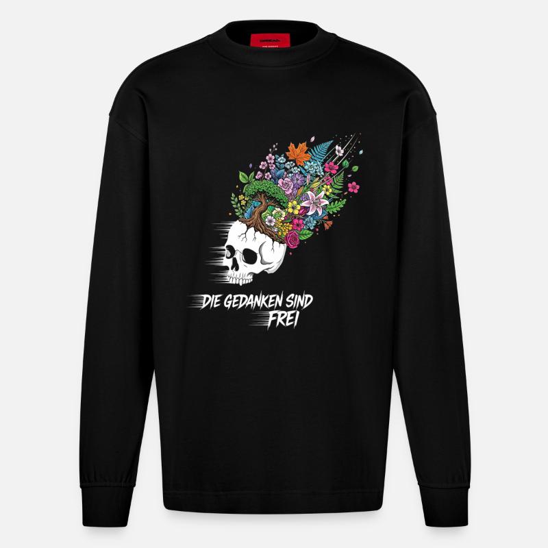 Crâne de fleurs de liberté - Manches longues bio épais oversize fabriqué en UE - SOLID BLACK