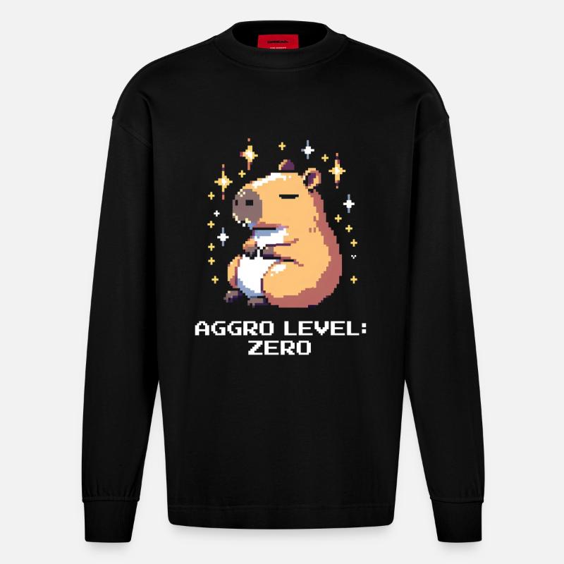 Aggro-Level: Null | Capybara & Ruhe - Heavyweight Oversized Organic Langarmshirt Made in EU - SOLID BLACK