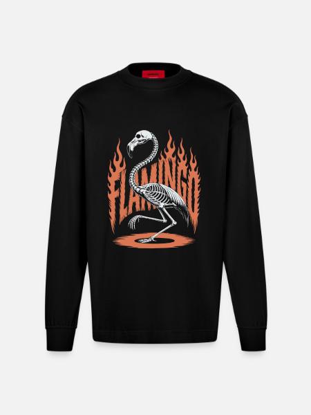 Flamingo Flames Skeleton Halloween - Heavyweight Oversized Organic Longsleeve Shirt Made in EU - SOLID BLACK