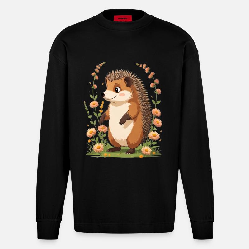 Hérisson mignon avec couronne de fleurs - Manches longues bio épais oversize fabriqué en UE - SOLID BLACK