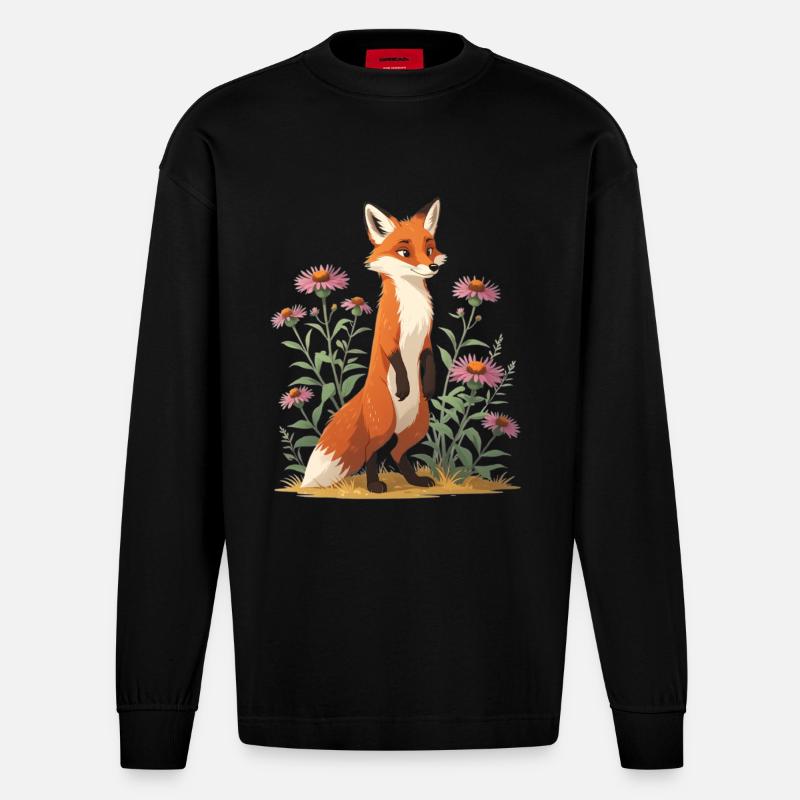 Fuchs mit Blumenmuster Illustration - Heavyweight Oversized Organic Langarmshirt Made in EU - SOLID BLACK