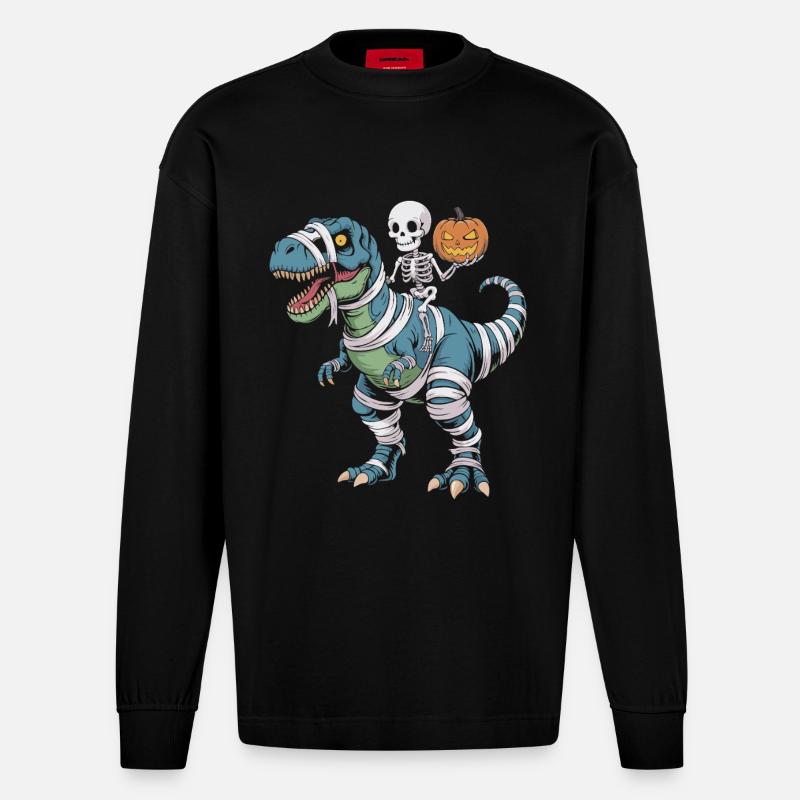 T-Rex d’Halloween avec skellet et citrouille - Manches longues bio épais oversize fabriqué en UE - SOLID BLACK