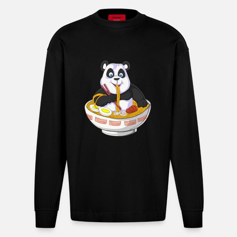 Panda Chef mit Nudelschüssel Design - Heavyweight Oversized Organic Langarmshirt Made in EU - SOLID BLACK
