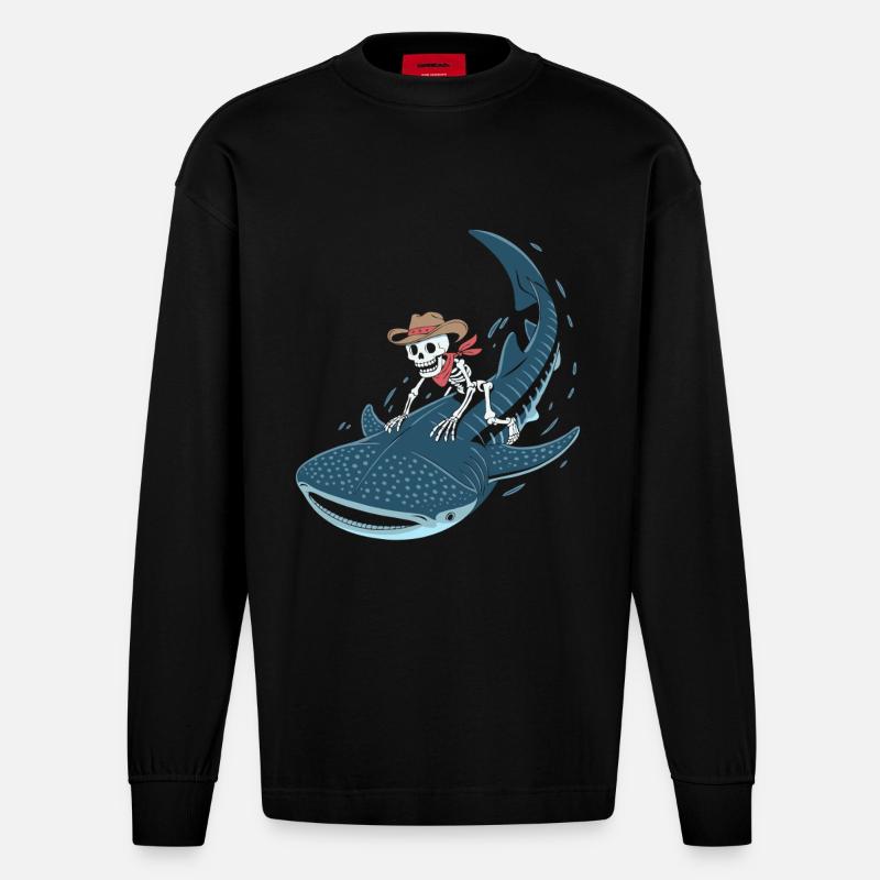 Squelette de cow-boy sur requin baleine - Manches longues bio épais oversize fabriqué en UE - SOLID BLACK