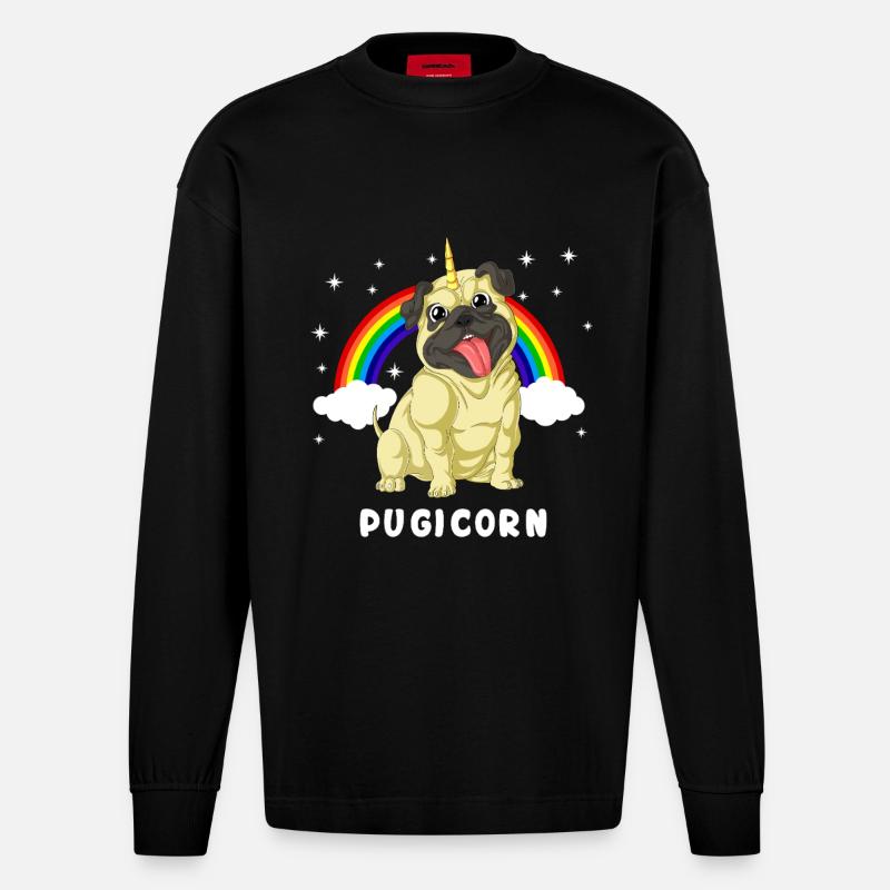 Mops Einhorn - Heavyweight Oversized Organic Langarmshirt Made in EU - SOLID BLACK