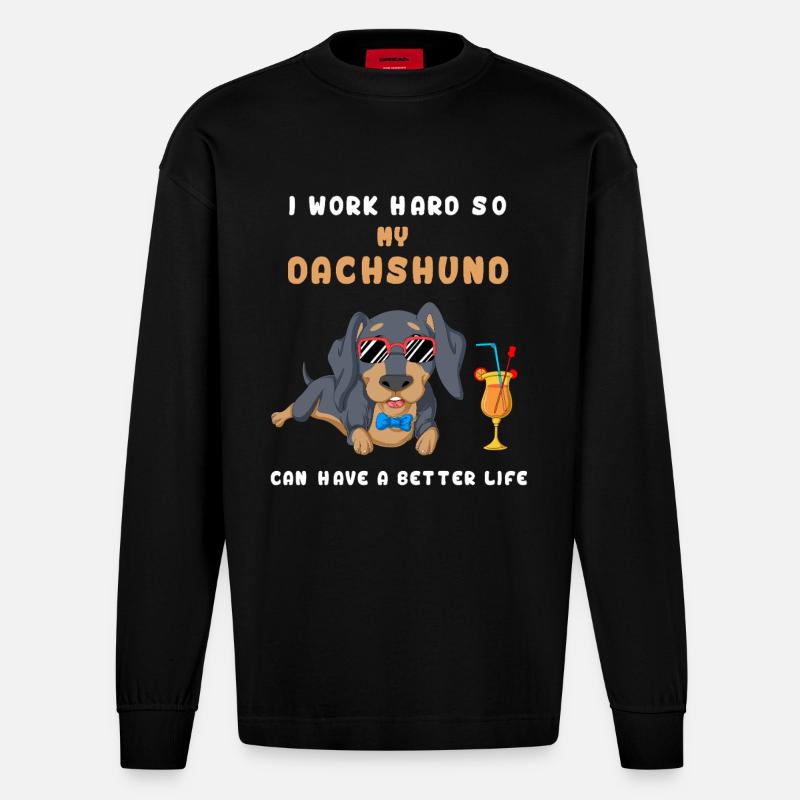 I Work Hard Dackel T-Shirt - Heavyweight Oversized Organic Langarmshirt Made in EU - SOLID BLACK