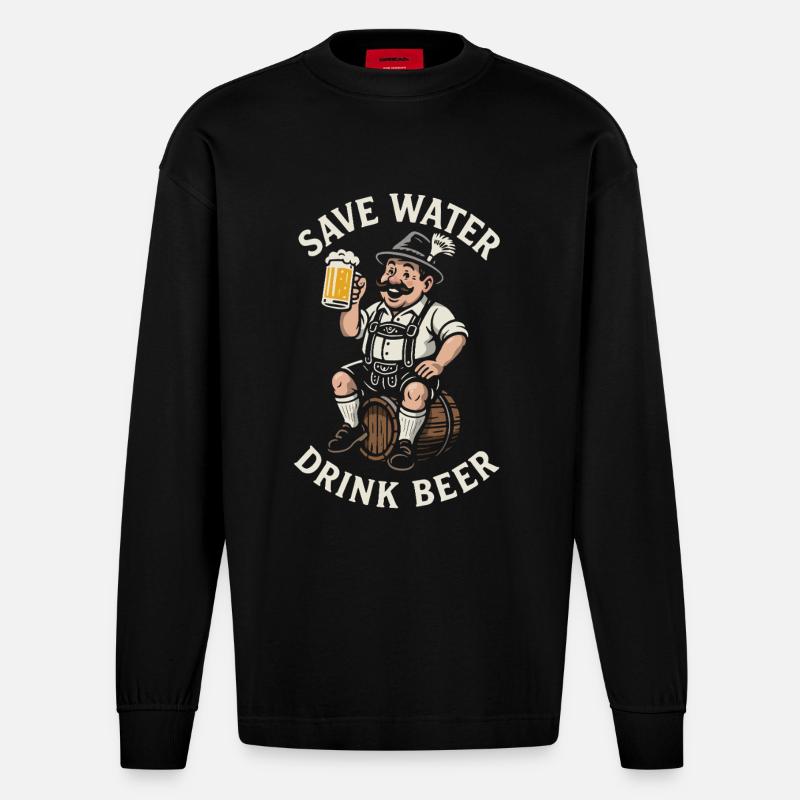 Save water drink beer - Biertrinker - Spruch - Heavyweight Oversized Organic Langarmshirt Made in EU - SOLID BLACK