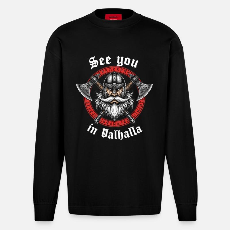 Valhalla Vikinger Krieger - Heavyweight Oversized Organic Langarmshirt Made in EU - SOLID BLACK
