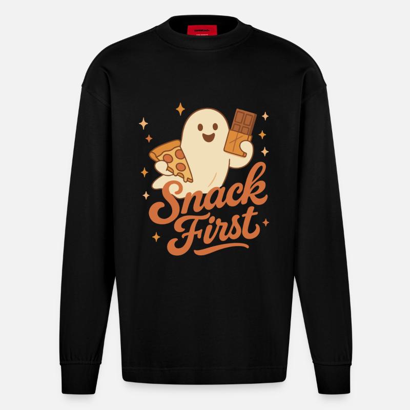Snack First Halloween Geist Kostüm Spaß - Heavyweight Oversized Organic Langarmshirt Made in EU - SOLID BLACK