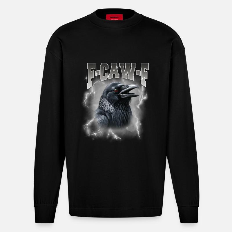 F-Caw-E Rabensturm Graphik - Heavyweight Oversized Organic Langarmshirt Made in EU - SOLID BLACK