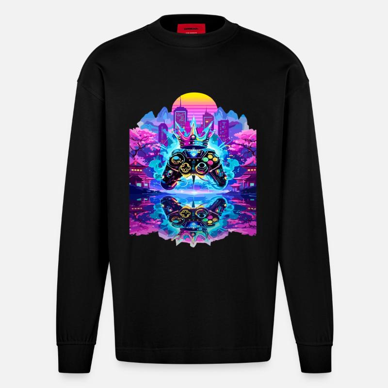 Gaming King Controller mit Spiegelung - Heavyweight Oversized Organic Langarmshirt Made in EU - SOLID BLACK