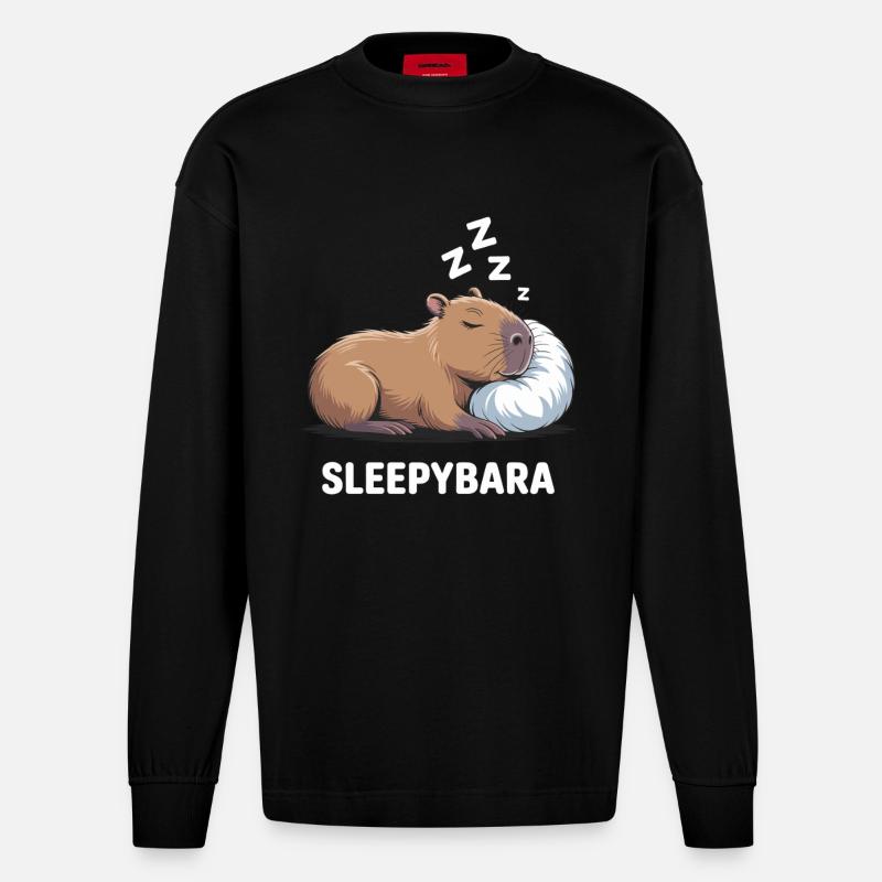 Sleepybara Capybara Schlafen - Heavyweight Oversized Organic Langarmshirt Made in EU - SOLID BLACK
