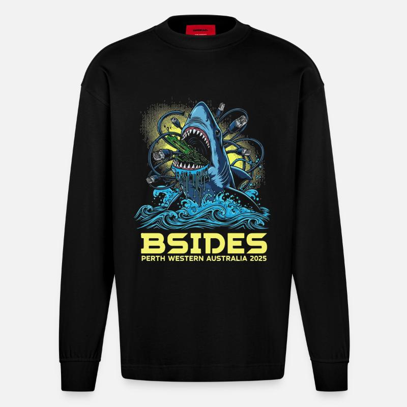 Shark bat BSIDES Perth 2025 - Manches longues bio épais oversize fabriqué en UE - SOLID BLACK