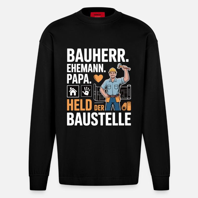 Held der Baustelle – Papa, Ehemann & Bauherr - Heavyweight Oversized Organic Langarmshirt Made in EU - SOLID BLACK