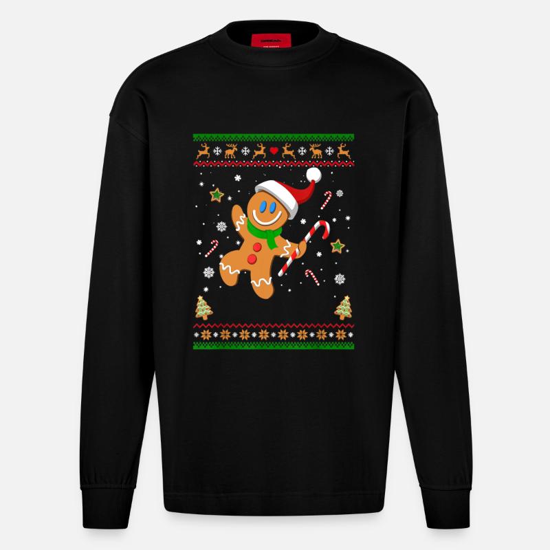 Hässliches Weihnachtspullover Lebkuchenmann Lustiges Geschenk - Heavyweight Oversized Organic Langarmshirt Made in EU - SOLID BLACK