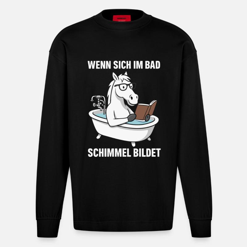Badlesendes Pferd mit Schimmelwitz - Heavyweight Oversized Organic Langarmshirt Made in EU - SOLID BLACK