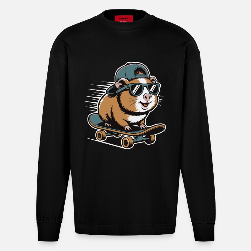 Hamster auf Skateboard - Heavyweight Oversized Organic Langarmshirt Made in EU - SOLID BLACK