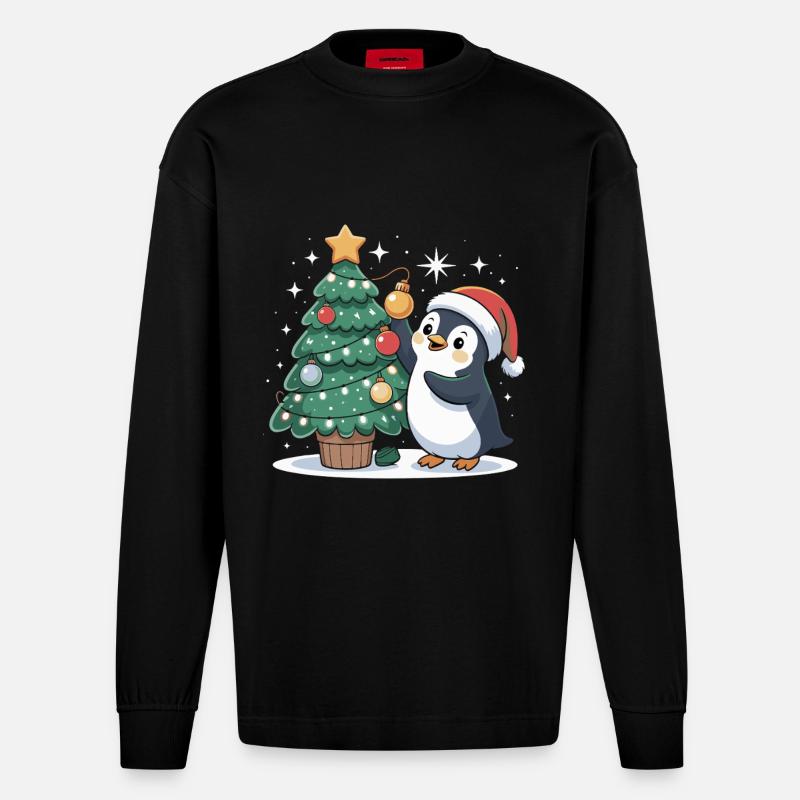 Pinguin schmückt Weihnachtsbaum - Heavyweight Oversized Organic Langarmshirt Made in EU - SOLID BLACK
