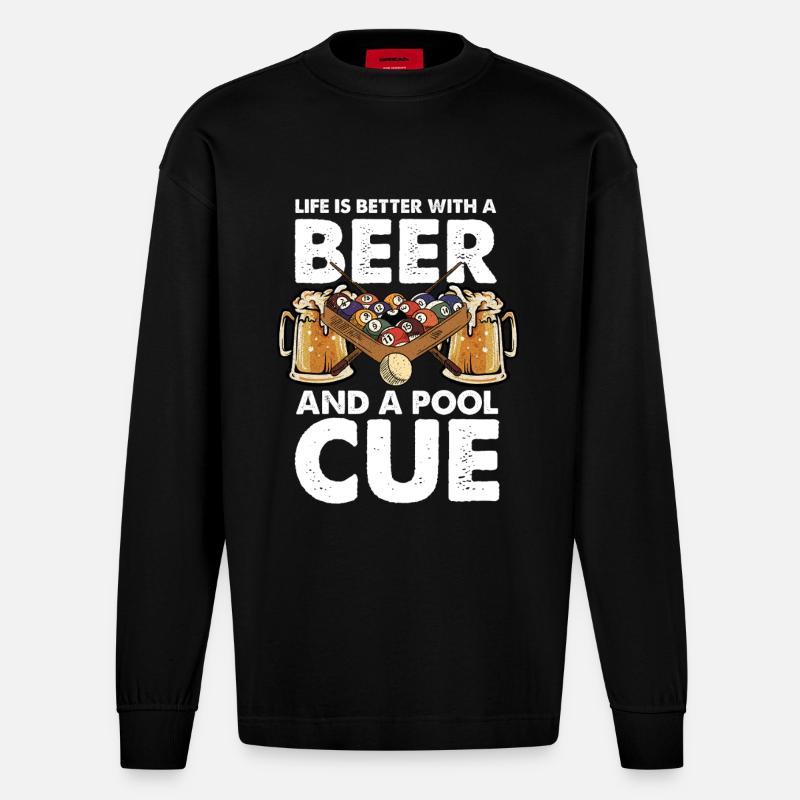 Bière, billard et queue - Manches longues bio épais oversize fabriqué en UE - SOLID BLACK