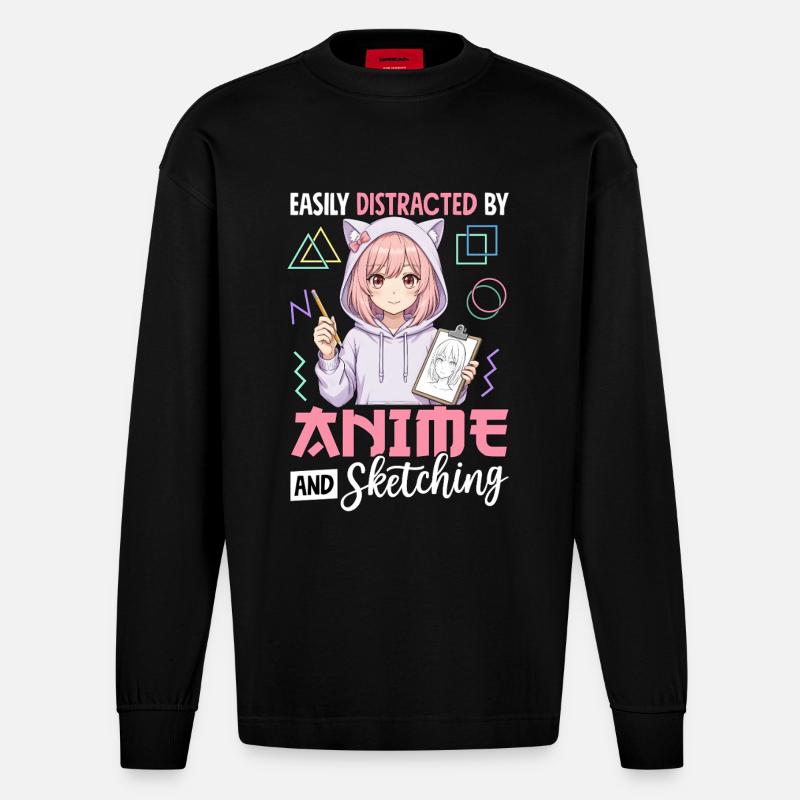 Easily Distracted By Anime And Sketching - Heavyweight Oversized Organic Langarmshirt Made in EU - SOLID BLACK