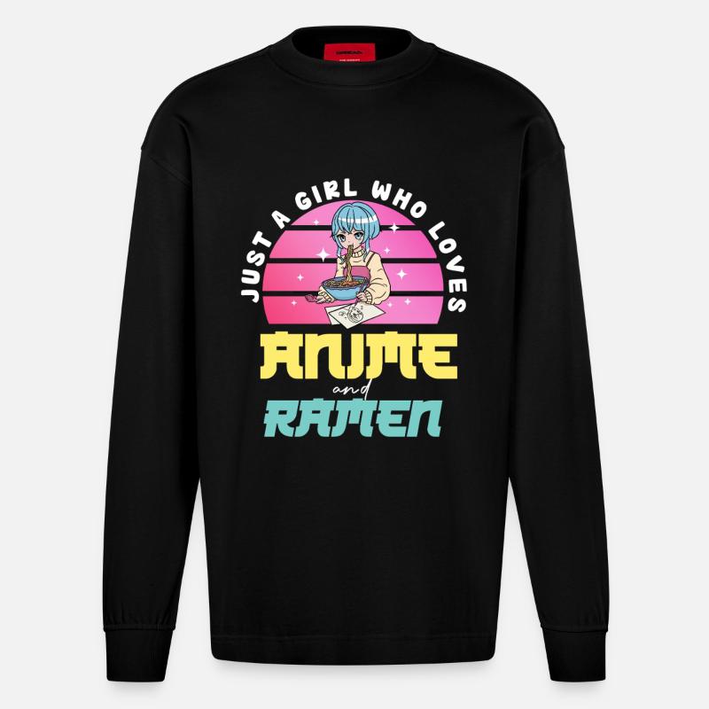 Anime Liebe Mädchen isst Ramen - Heavyweight Oversized Organic Langarmshirt Made in EU - SOLID BLACK