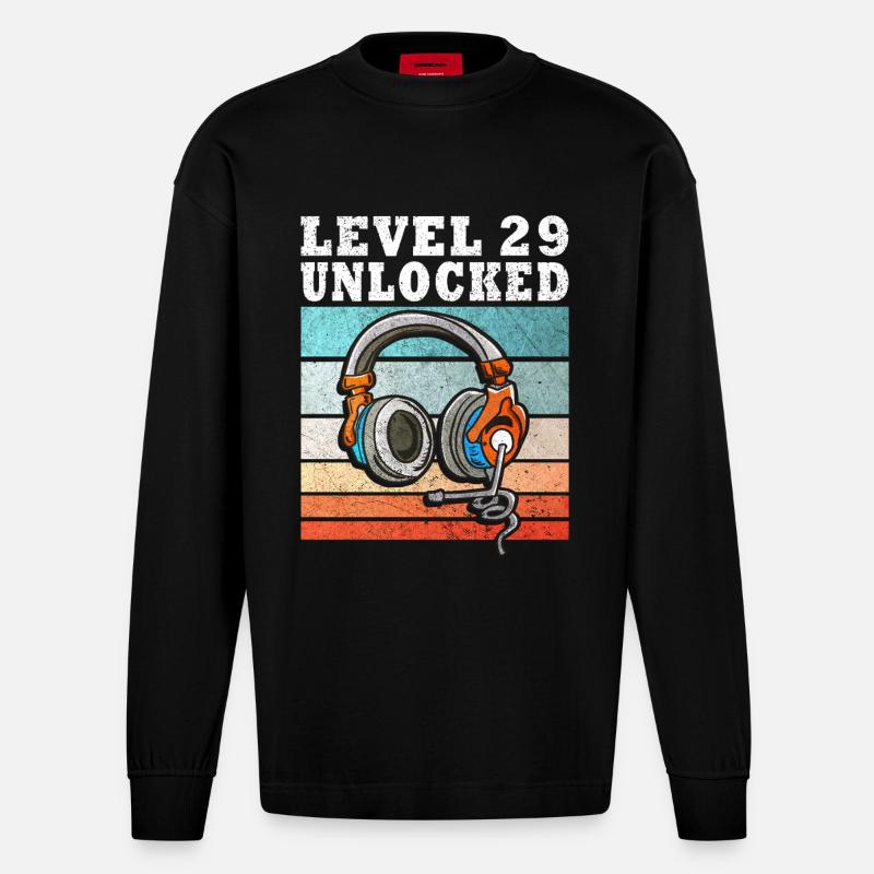 Level 29 Unlock Kopfhörer Retro - Heavyweight Oversized Organic Langarmshirt Made in EU - SOLID BLACK