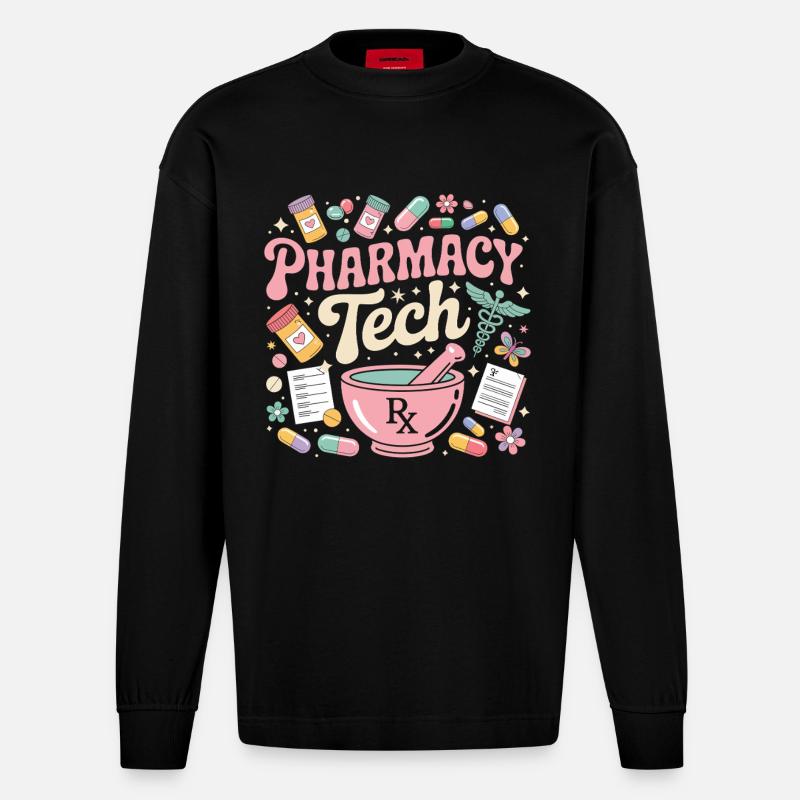 PharmaTech Apotheke Illustration - Heavyweight Oversized Organic Langarmshirt Made in EU - SOLID BLACK