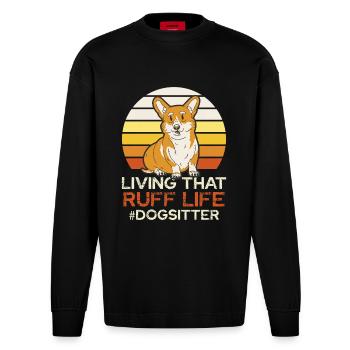 Ruff Life Corgi Retro Sunset - Heavyweight Oversized Organic Longsleeve Shirt Made in EU - SOLID BLACK - Front
