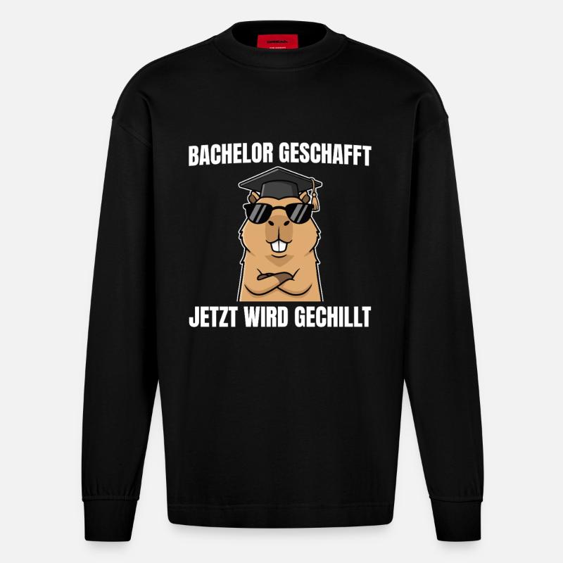Bachelor geschafft - Capybara Bachelorprüfung - Heavyweight Oversized Organic Langarmshirt Made in EU - SOLID BLACK