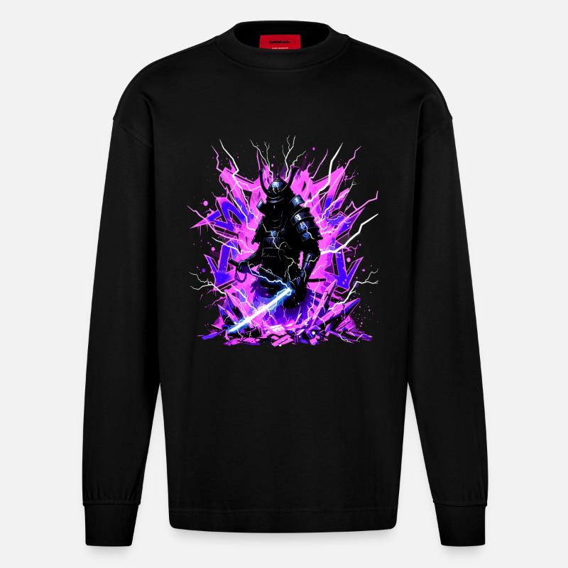 Cyber Samurai – Synthwave Katana Geist - Heavyweight Oversized Organic Langarmshirt Made in EU - SOLID BLACK