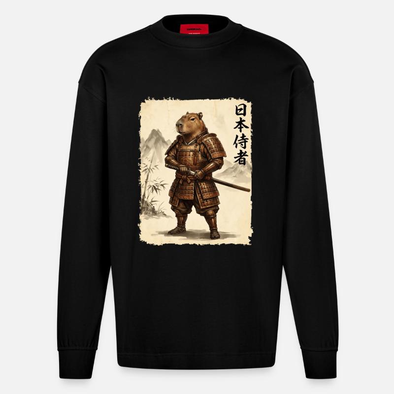 Samurai, Capybara, Japanische Kunst, Anime - Heavyweight Oversized Organic Langarmshirt Made in EU - SOLID BLACK