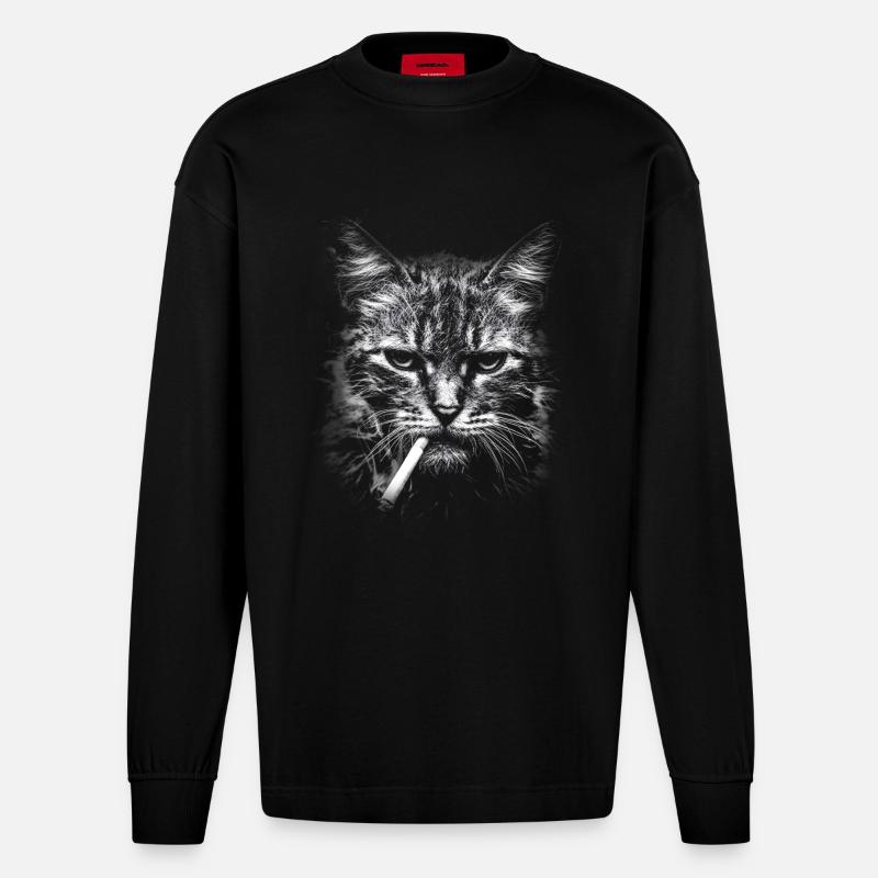 Rauchen, Zigarette, Katze raucht eine Zigarette - Heavyweight Oversized Organic Langarmshirt Made in EU - SOLID BLACK