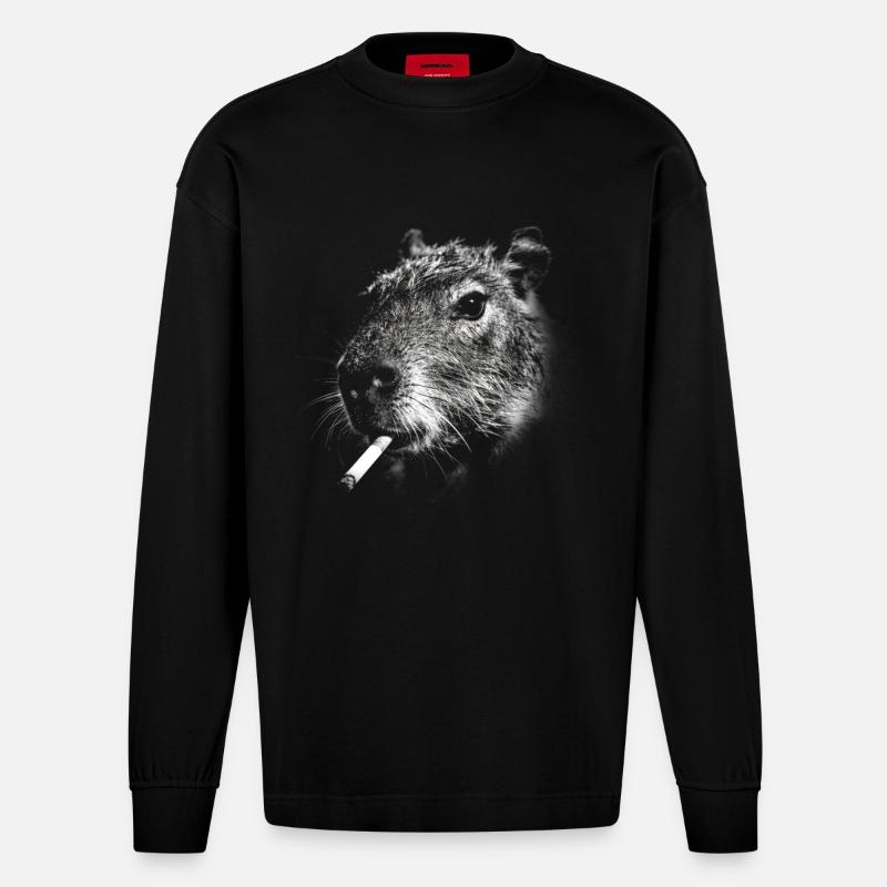 Fumer, cigarette, capybara, fumer une cigarette - Manches longues bio épais oversize fabriqué en UE - SOLID BLACK