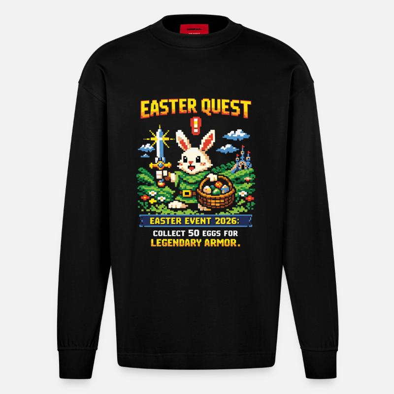Easter Quest Pixelhase und Lootkorb - Heavyweight Oversized Organic Langarmshirt Made in EU - SOLID BLACK