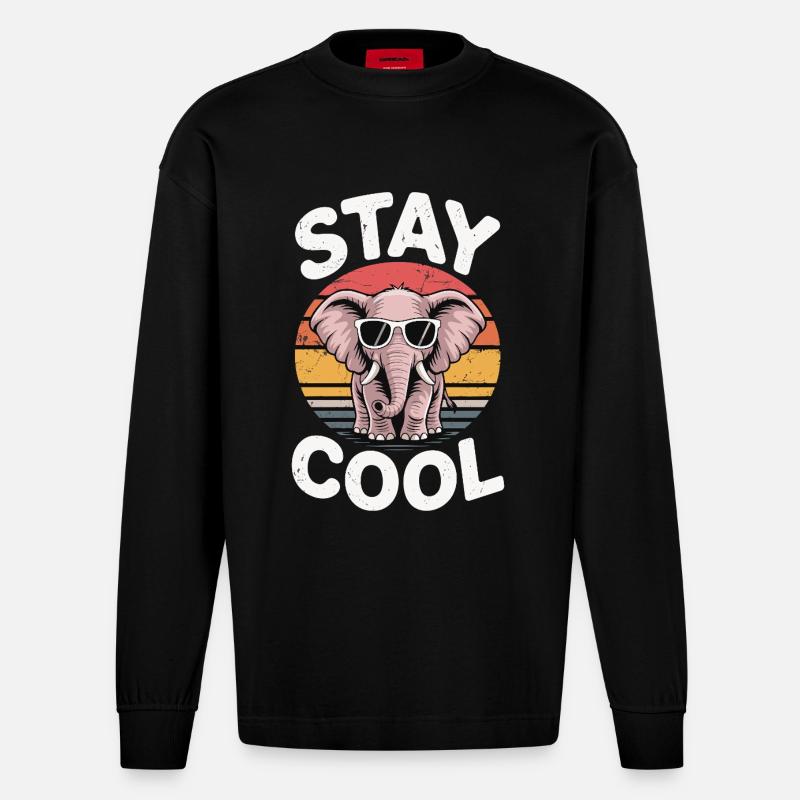 Stay Cool Elefant - Kinder Retro - Heavyweight Oversized Organic Langarmshirt Made in EU - SOLID BLACK