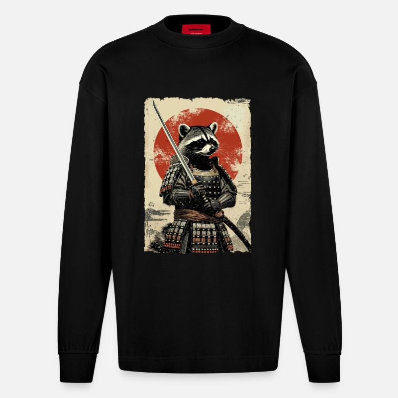 Samurai Waschbär Japanisches Ukiyo-e-Racoon Retro  - Heavyweight Oversized Organic Langarmshirt Made in EU - SOLID BLACK