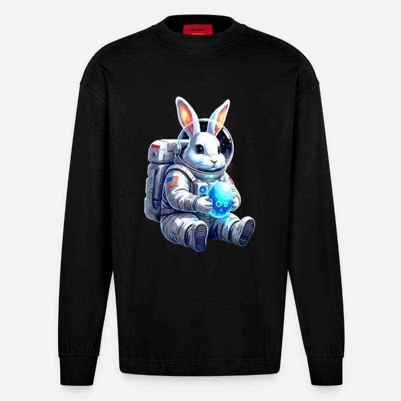 Astronaut Easter Bunny Space Egg - Heavyweight Oversized Organic Longsleeve Shirt Made in EU - SOLID BLACK