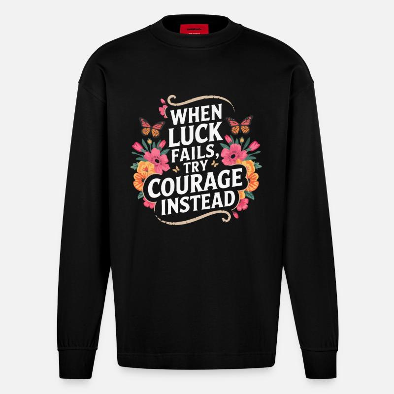 Mut über Glück Blumenzitat - Heavyweight Oversized Organic Langarmshirt Made in EU - SOLID BLACK