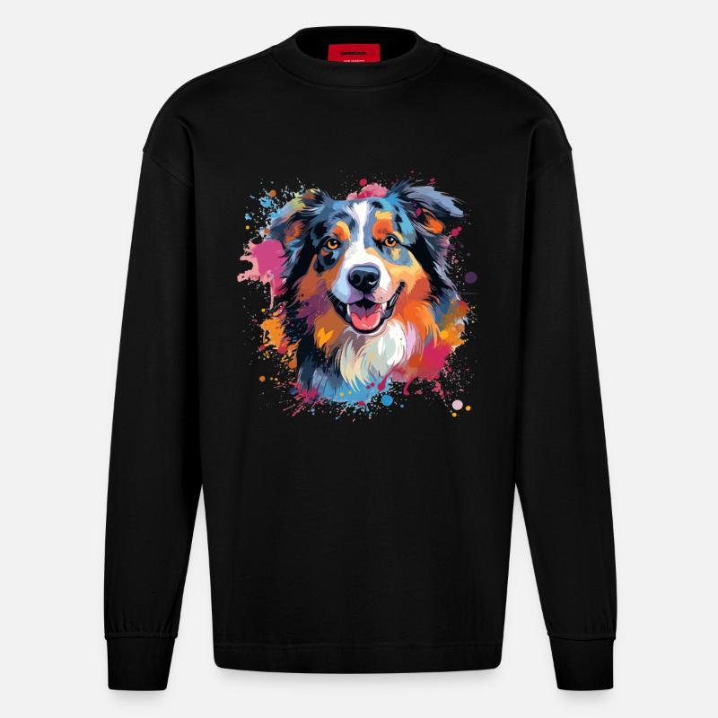 Australian Shepherd Bunte Hunde-Splash-Kunst - Heavyweight Oversized Organic Langarmshirt Made in EU - SOLID BLACK