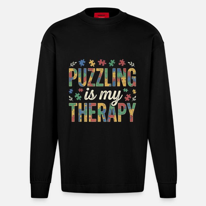 Puzzling is my Therapy - Retro Puzzle - Heavyweight Oversized Organic Langarmshirt Made in EU - SOLID BLACK