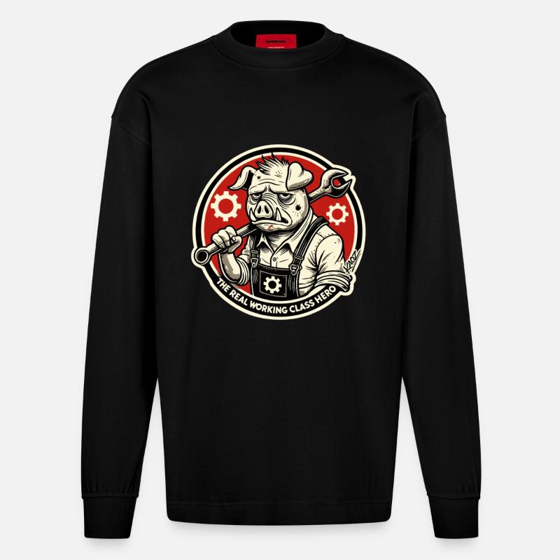 Echtes Heldenschwein der Arbeiterklasse - Heavyweight Oversized Organic Langarmshirt Made in EU - SOLID BLACK