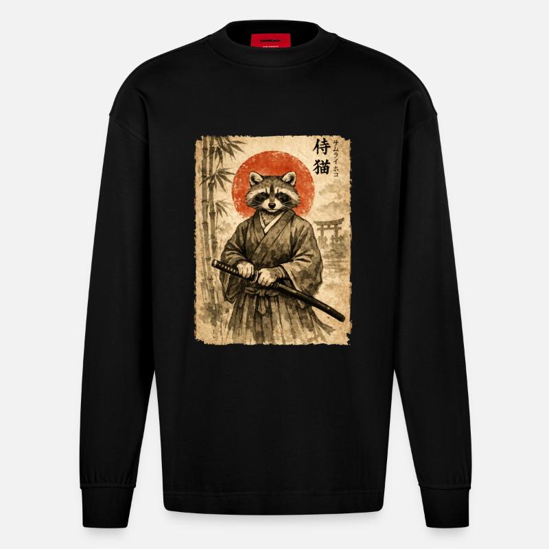 Samurai, Waschbär, Japanische Kunst, Anime - Heavyweight Oversized Organic Langarmshirt Made in EU - SOLID BLACK