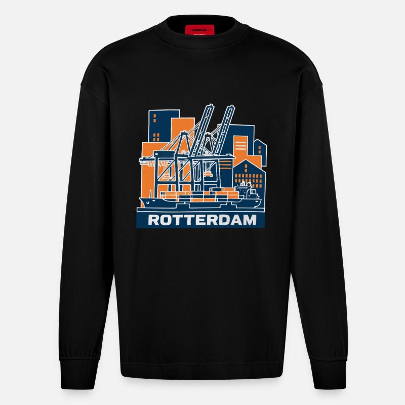 Rotterdam Hafen Kran Containerschiff - Heavyweight Oversized Organic Langarmshirt Made in EU - SOLID BLACK