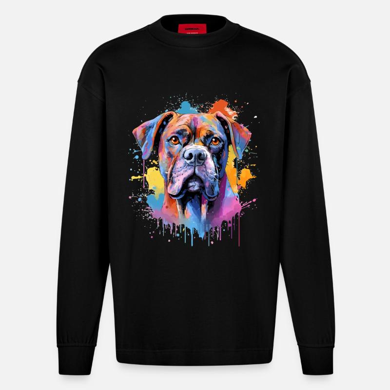 Bunte Splash Art Boxer-Hund - Heavyweight Oversized Organic Langarmshirt Made in EU - SOLID BLACK