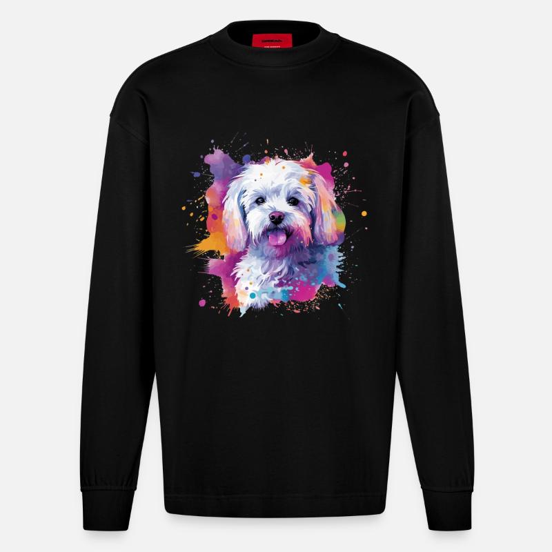 Maltesische bunte Hunde-Splash-Kunst - Heavyweight Oversized Organic Langarmshirt Made in EU - SOLID BLACK