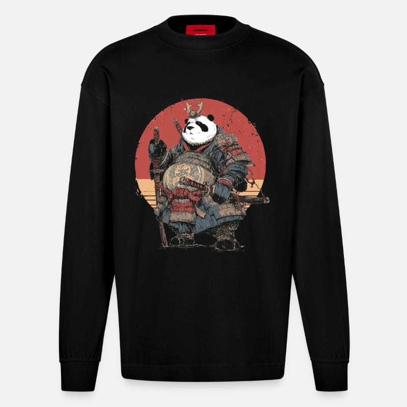 Panda-Samurai in robuster Rüstung - Heavyweight Oversized Organic Langarmshirt Made in EU - SOLID BLACK