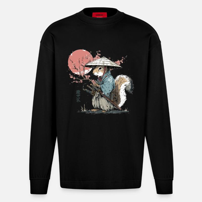 Eichhörnchen-Samurai in Sakura-Roben - Heavyweight Oversized Organic Langarmshirt Made in EU - SOLID BLACK