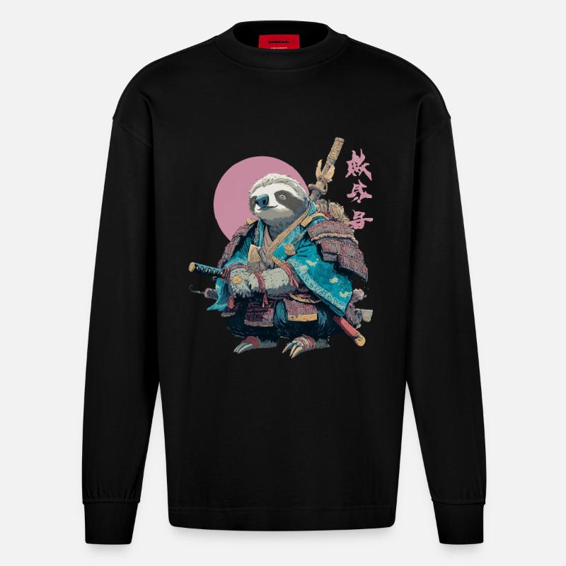 Faultier-Samurai in blauer Rüstung - Heavyweight Oversized Organic Langarmshirt Made in EU - SOLID BLACK